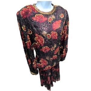 JUDITH‎ ANN CREATIONS Xs SILK FLOWER PRINT BEAD & SEQUINS DRESS Burgundy Modest